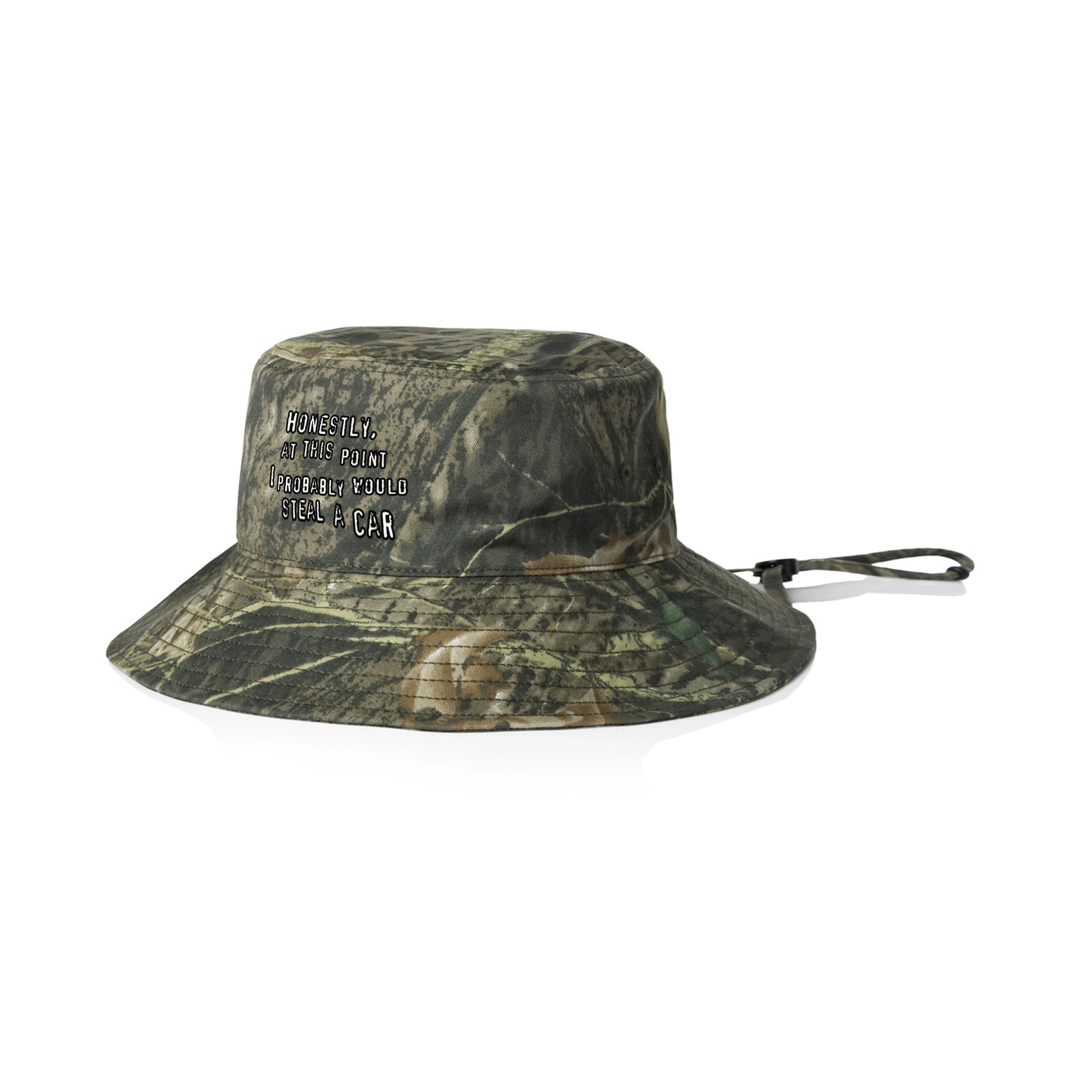 Camouflage sun hat with Would Steal A Car Hat graphic by Lonely Kids Club