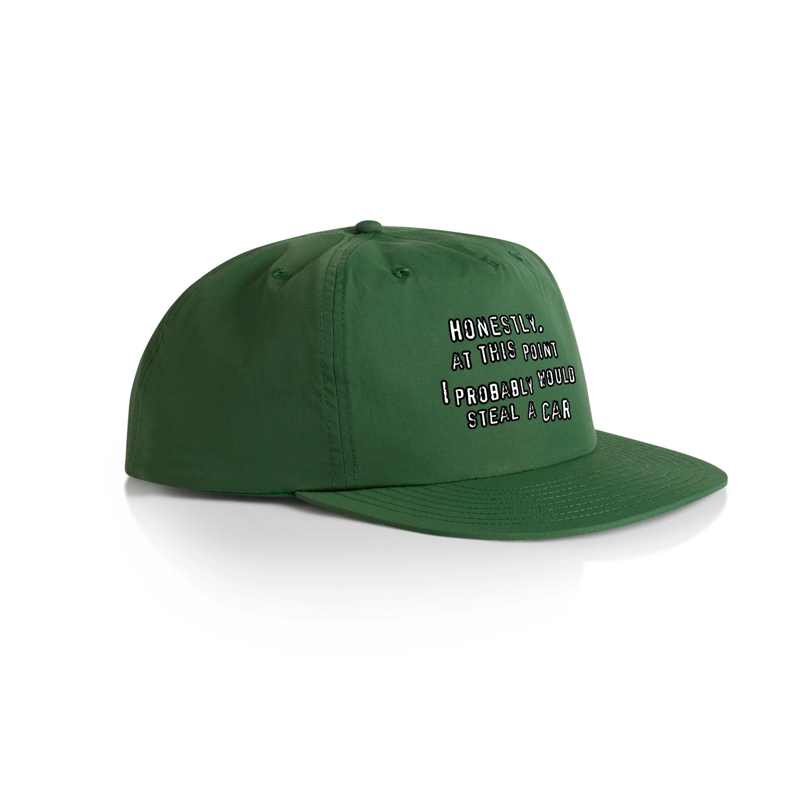 Forest Green active cap with Would Steal A Car Hat graphic by Lonely Kids Club