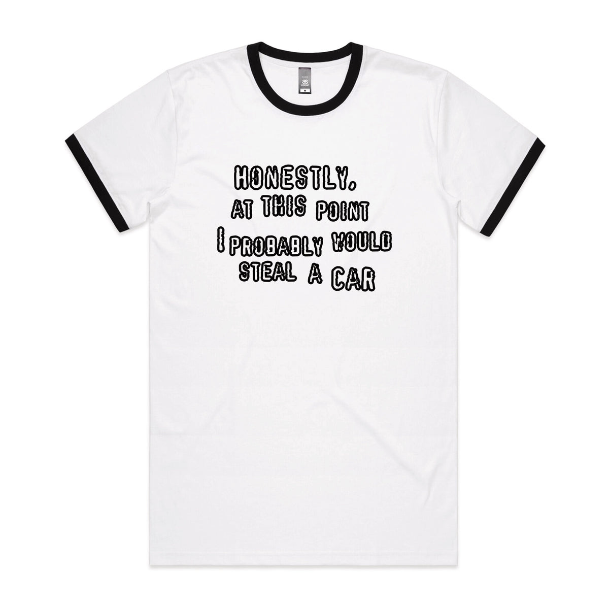 Black/White Ringer unisex t-shirt with Would Steal A Car graphic by Lonely Kids Club