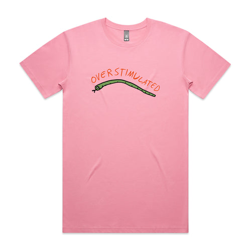 Overstimulated Snake Tee by Lonely Kids Club. All clothing from our T-shirts to our shorts and hoodies are ethically made, and printed packed and shipped from Sydney.