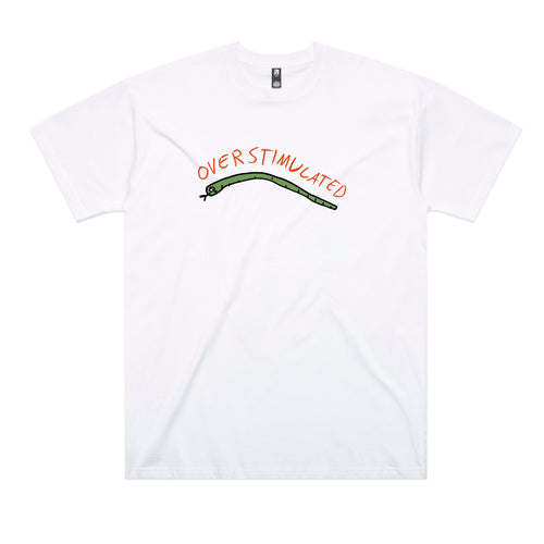Overstimulated Snake Tee by Lonely Kids Club. All clothing from our T-shirts to our shorts and hoodies are ethically made, and printed packed and shipped from Sydney.