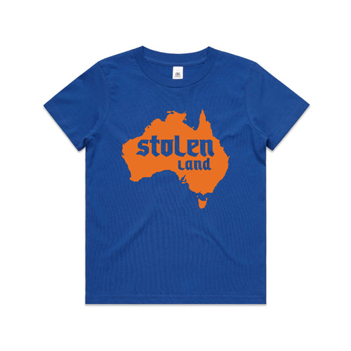 Stolen Land Charity Kids Tee by Lonely Kids Club. All clothing from our T-shirts to our shorts and hoodies are ethically made, and printed packed and shipped from Sydney.