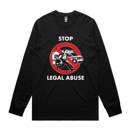 Stop Legal Abuse Tee by Lonely Kids Club. All clothing from our T-shirts to our shorts and hoodies are ethically made, and printed packed and shipped from Sydney.