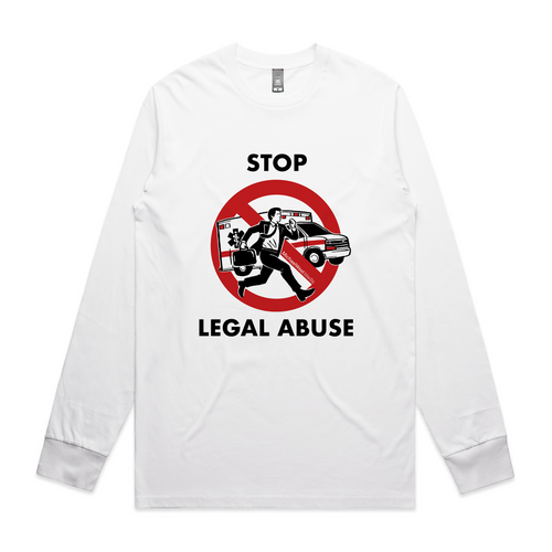 Stop Legal Abuse Tee by Lonely Kids Club. All clothing from our T-shirts to our shorts and hoodies are ethically made, and printed packed and shipped from Sydney.