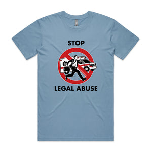 Stop Legal Abuse Tee by Lonely Kids Club. All clothing from our T-shirts to our shorts and hoodies are ethically made, and printed packed and shipped from Sydney.