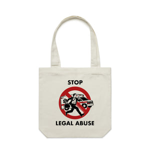 Stop Legal Abuse Tote by Lonely Kids Club. All clothing from our T-shirts to our shorts and hoodies are ethically made, and printed packed and shipped from Sydney.