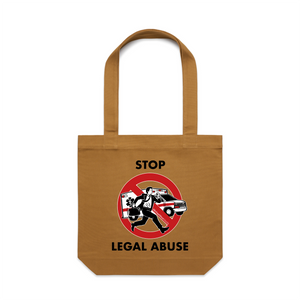 Stop Legal Abuse Tote by Lonely Kids Club. All clothing from our T-shirts to our shorts and hoodies are ethically made, and printed packed and shipped from Sydney.