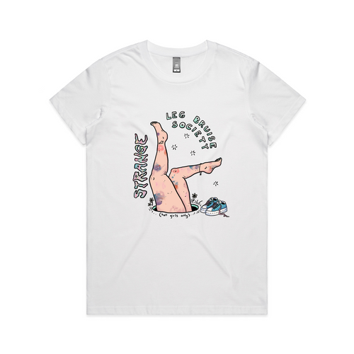 Leg Bruise (Hot Girls) Tee by Lonely Kids Club. All clothing from our T-shirts to our shorts and hoodies are ethically made, and printed packed and shipped from Sydney.