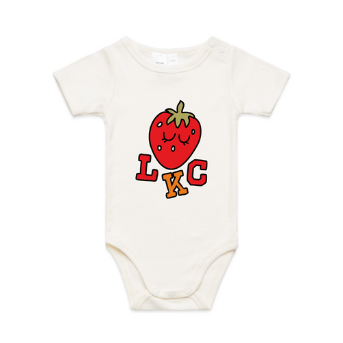 Strawberry Baby Onesie by Lonely Kids Club. All clothing from our T-shirts to our shorts and hoodies are ethically made, and printed packed and shipped from Sydney.