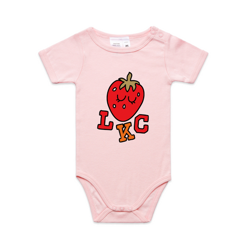 Strawberry Baby Onesie by Lonely Kids Club. All clothing from our T-shirts to our shorts and hoodies are ethically made, and printed packed and shipped from Sydney.