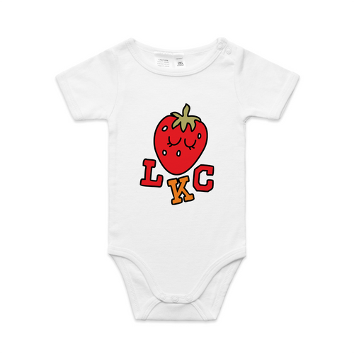 Strawberry Baby Onesie by Lonely Kids Club. All clothing from our T-shirts to our shorts and hoodies are ethically made, and printed packed and shipped from Sydney.