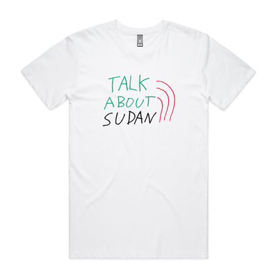 Talk About Sudan Charity Tee by Lonely Kids Club. All clothing from our T-shirts to our shorts and hoodies are ethically made, and printed packed and shipped from Sydney.