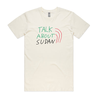 Talk About Sudan Charity Tee by Lonely Kids Club. All clothing from our T-shirts to our shorts and hoodies are ethically made, and printed packed and shipped from Sydney.