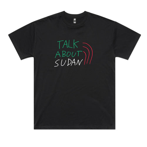 Talk About Sudan Charity Tee by Lonely Kids Club. All clothing from our T-shirts to our shorts and hoodies are ethically made, and printed packed and shipped from Sydney.
