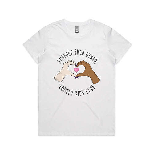 Support Each Other Tee by Lonely Kids Club. All clothing from our T-shirts to our shorts and hoodies are ethically made, and printed packed and shipped from Sydney.