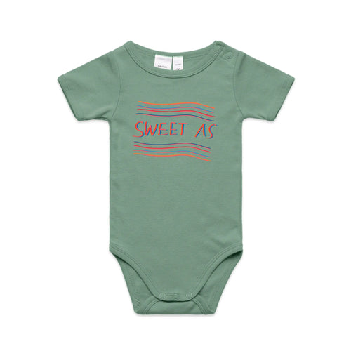 Sweet As Baby Onesie by Lonely Kids Club. All clothing from our T-shirts to our shorts and hoodies are ethically made, and printed packed and shipped from Sydney.