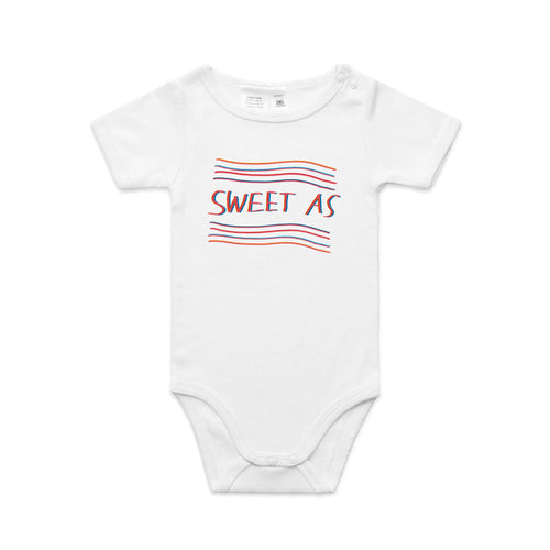 Sweet As Baby Onesie by Lonely Kids Club. All clothing from our T-shirts to our shorts and hoodies are ethically made, and printed packed and shipped from Sydney.