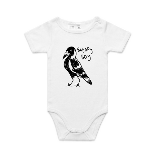 Swoopy Boy Baby Onesie by Lonely Kids Club. All clothing from our T-shirts to our shorts and hoodies are ethically made, and printed packed and shipped from Sydney.
