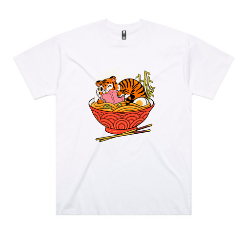 Tiger Ramen Oversized Tee by Lonely Kids Club. All clothing from our T-shirts to our shorts and hoodies are ethically made, and printed packed and shipped from Sydney.