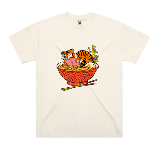 Tiger Ramen Oversized Tee by Lonely Kids Club. All clothing from our T-shirts to our shorts and hoodies are ethically made, and printed packed and shipped from Sydney.
