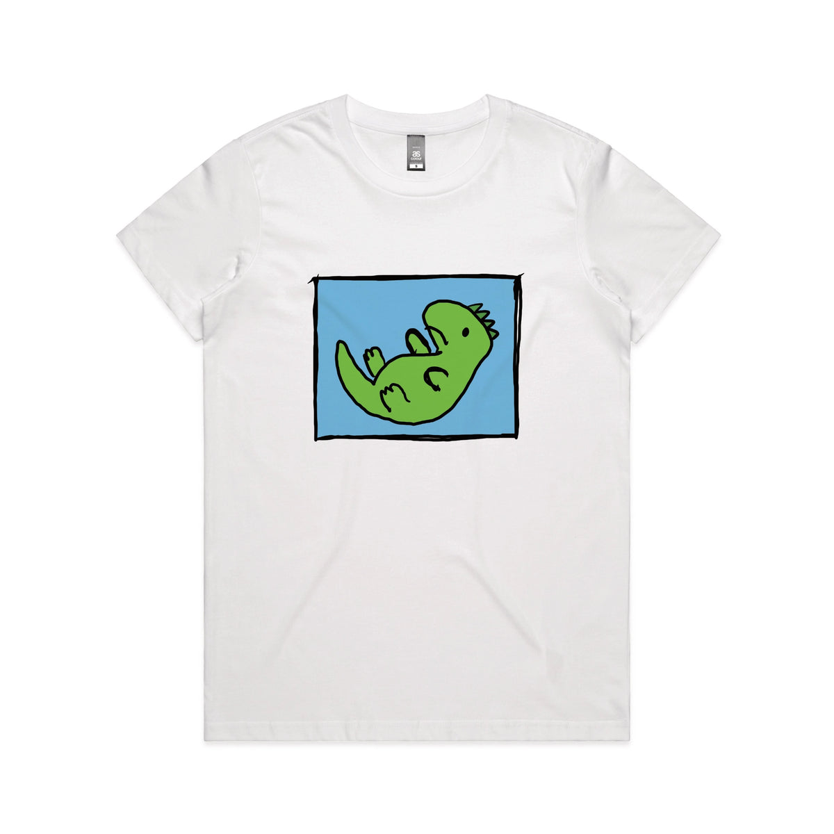 White fitted womens t-shirt with Tyrannosaurus Rekt graphic by Lonely Kids Club