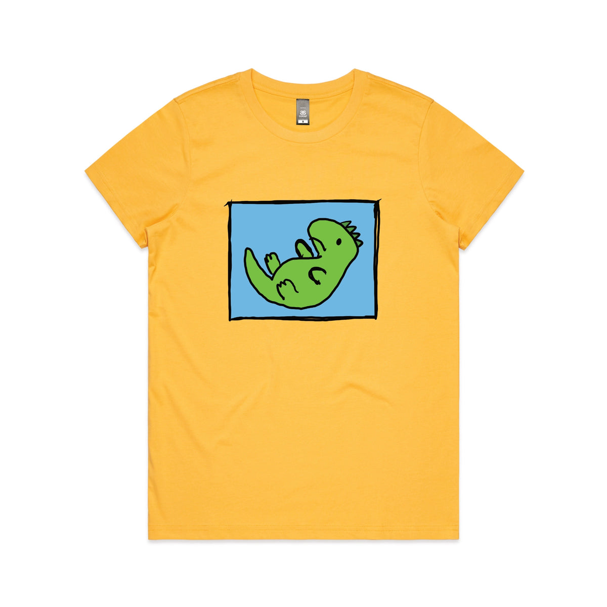Yellow fitted womens t-shirt with Tyrannosaurus Rekt graphic by Lonely Kids Club