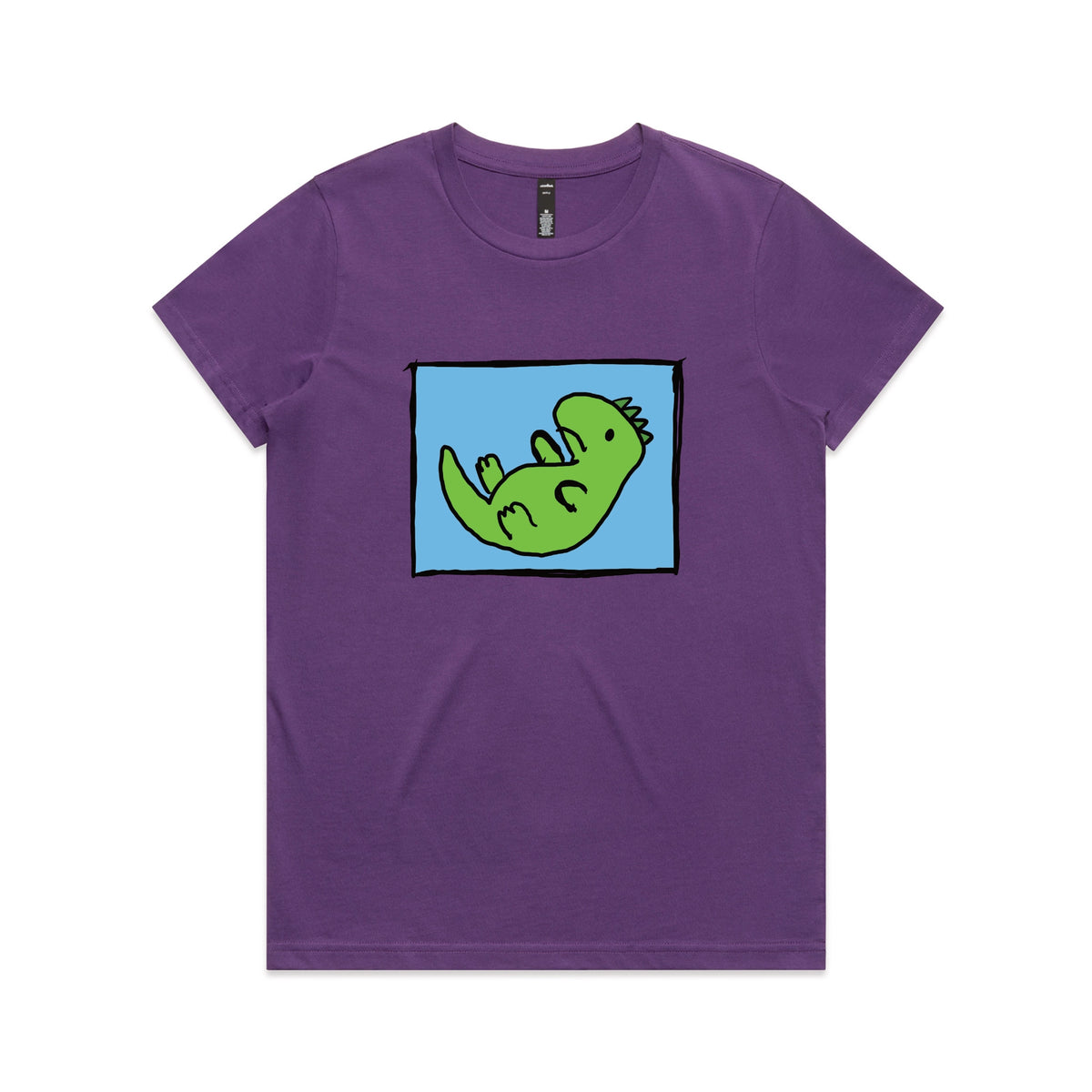 Purple fitted womens t-shirt with Tyrannosaurus Rekt graphic by Lonely Kids Club