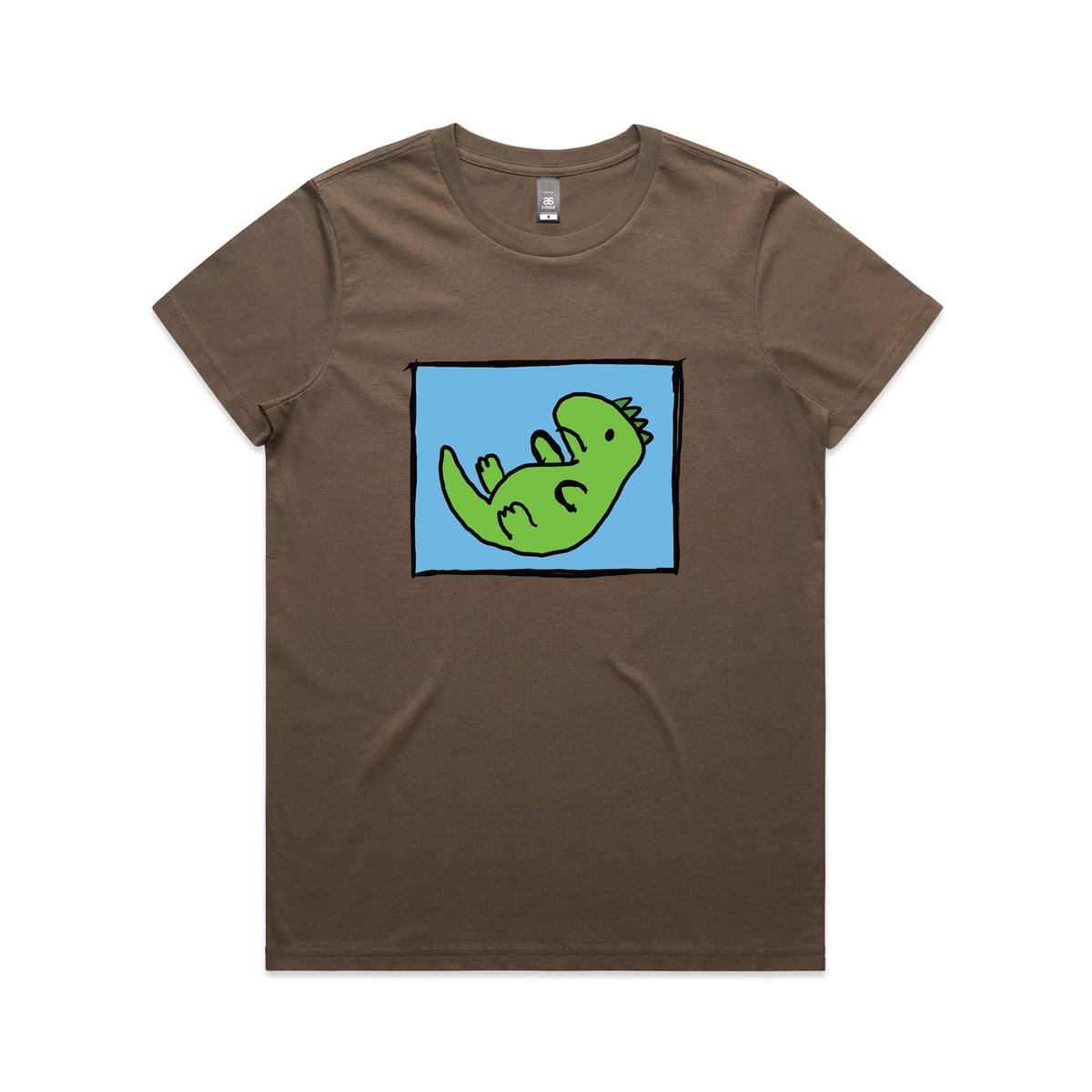 Walnut fitted womens t-shirt with Tyrannosaurus Rekt graphic by Lonely Kids Club