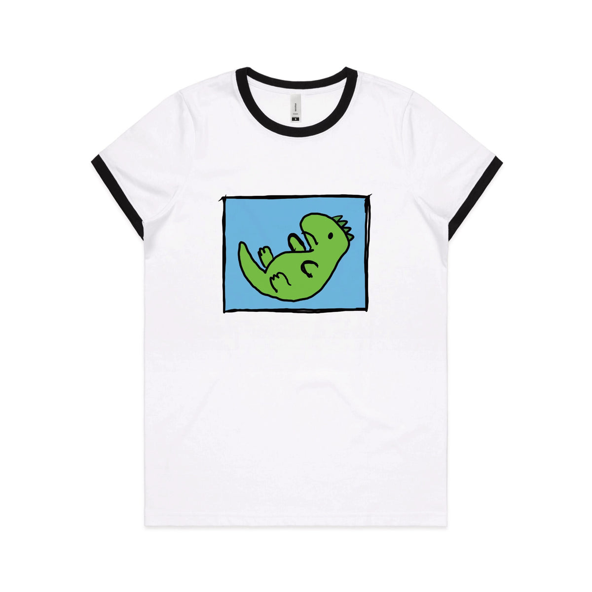 Black/White Ringer fitted womens t-shirt with Tyrannosaurus Rekt graphic by Lonely Kids Club