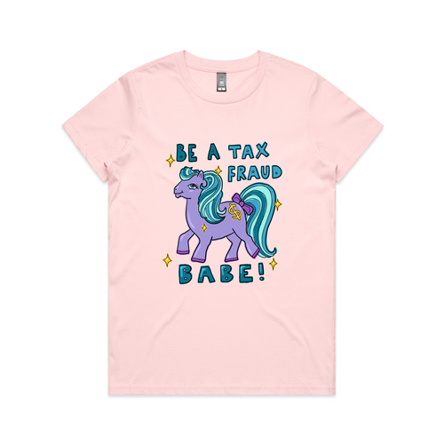 Tax Fraud Babe Tee by Lonely Kids Club. All clothing from our T-shirts to our shorts and hoodies are ethically made, and printed packed and shipped from Sydney.