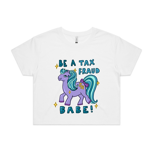 Tax Fraud Babe Tee by Lonely Kids Club. All clothing from our T-shirts to our shorts and hoodies are ethically made, and printed packed and shipped from Sydney.