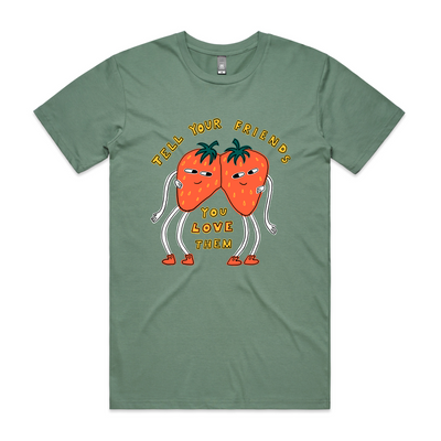 Tell Your Friends Tee by Lonely Kids Club. All clothing from our T-shirts to our shorts and hoodies are ethically made, and printed packed and shipped from Sydney.