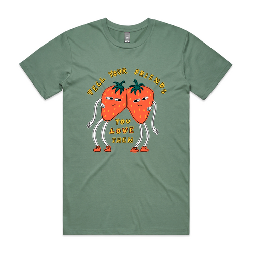 Tell Your Friends Tee by Lonely Kids Club. All clothing from our T-shirts to our shorts and hoodies are ethically made, and printed packed and shipped from Sydney.