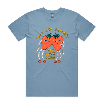 Tell Your Friends Tee by Lonely Kids Club. All clothing from our T-shirts to our shorts and hoodies are ethically made, and printed packed and shipped from Sydney.