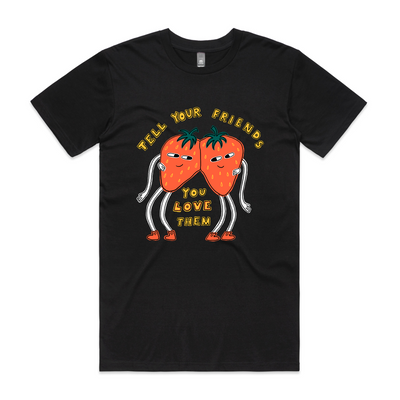 Tell Your Friends Tee by Lonely Kids Club. All clothing from our T-shirts to our shorts and hoodies are ethically made, and printed packed and shipped from Sydney.