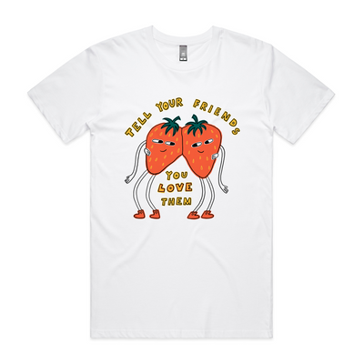 Tell Your Friends Tee by Lonely Kids Club. All clothing from our T-shirts to our shorts and hoodies are ethically made, and printed packed and shipped from Sydney.
