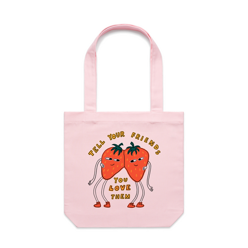 Tell Your Friends Tote by Lonely Kids Club. All clothing from our T-shirts to our shorts and hoodies are ethically made, and printed packed and shipped from Sydney.