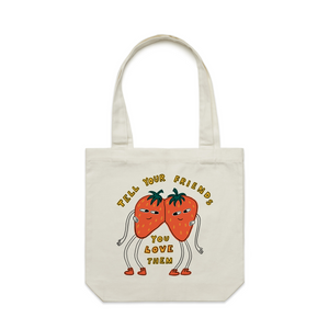 Tell Your Friends Tote by Lonely Kids Club. All clothing from our T-shirts to our shorts and hoodies are ethically made, and printed packed and shipped from Sydney.