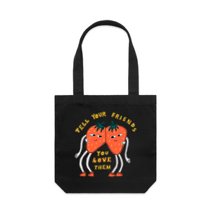 Tell Your Friends Tote by Lonely Kids Club. All clothing from our T-shirts to our shorts and hoodies are ethically made, and printed packed and shipped from Sydney.