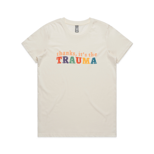 Thanks, It's The Trauma Tee by Lonely Kids Club. All clothing from our T-shirts to our shorts and hoodies are ethically made, and printed packed and shipped from Sydney.