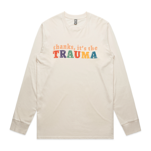 Thanks, It's The Trauma Tee by Lonely Kids Club. All clothing from our T-shirts to our shorts and hoodies are ethically made, and printed packed and shipped from Sydney.