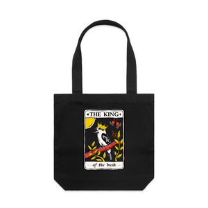 The King Tarot Tote by Lonely Kids Club. All clothing from our T-shirts to our shorts and hoodies are ethically made, and printed packed and shipped from Sydney.