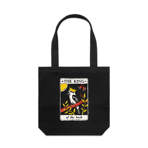 The King Tarot Tote by Lonely Kids Club. All clothing from our T-shirts to our shorts and hoodies are ethically made, and printed packed and shipped from Sydney.