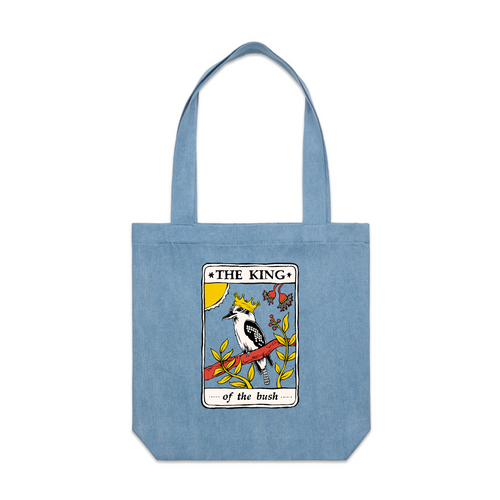 The King Tarot Tote by Lonely Kids Club. All clothing from our T-shirts to our shorts and hoodies are ethically made, and printed packed and shipped from Sydney.