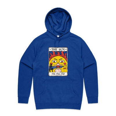 The Sun Tarot Hoodie by Lonely Kids Club. All clothing from our T-shirts to our shorts and hoodies are ethically made, and printed packed and shipped from Sydney.