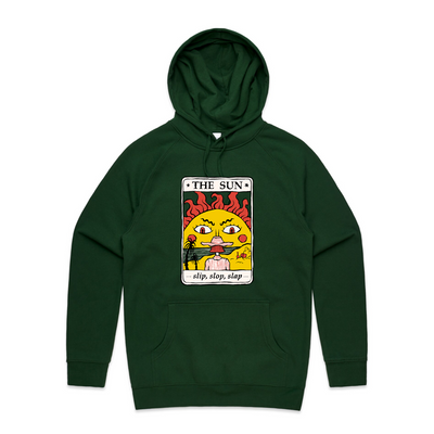 The Sun Tarot Hoodie by Lonely Kids Club. All clothing from our T-shirts to our shorts and hoodies are ethically made, and printed packed and shipped from Sydney.
