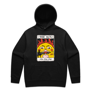 The Sun Tarot Hoodie by Lonely Kids Club. All clothing from our T-shirts to our shorts and hoodies are ethically made, and printed packed and shipped from Sydney.