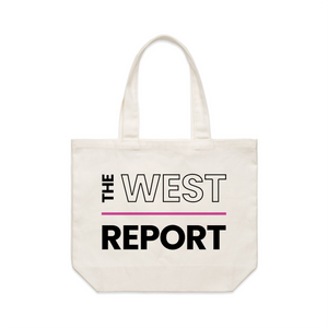 The West Report Tote by Lonely Kids Club. All clothing from our T-shirts to our shorts and hoodies are ethically made, and printed packed and shipped from Sydney.