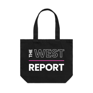 The West Report Tote by Lonely Kids Club. All clothing from our T-shirts to our shorts and hoodies are ethically made, and printed packed and shipped from Sydney.