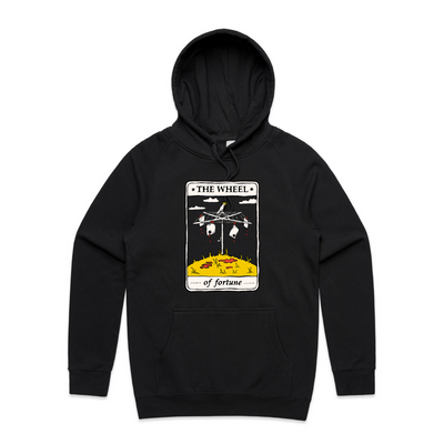 The Wheel Tarot Hoodie by Lonely Kids Club. All clothing from our T-shirts to our shorts and hoodies are ethically made, and printed packed and shipped from Sydney.